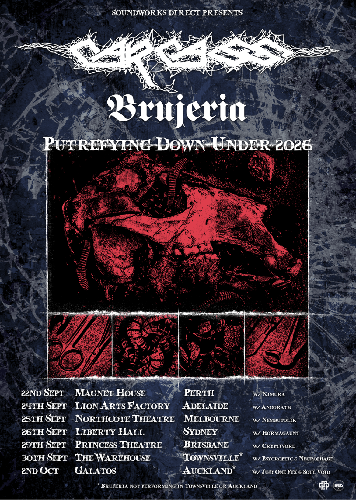 Carcass and Brujeria Putrefying Down Under 2026 tour poster featuring a skull artwork and September–October concert dates.